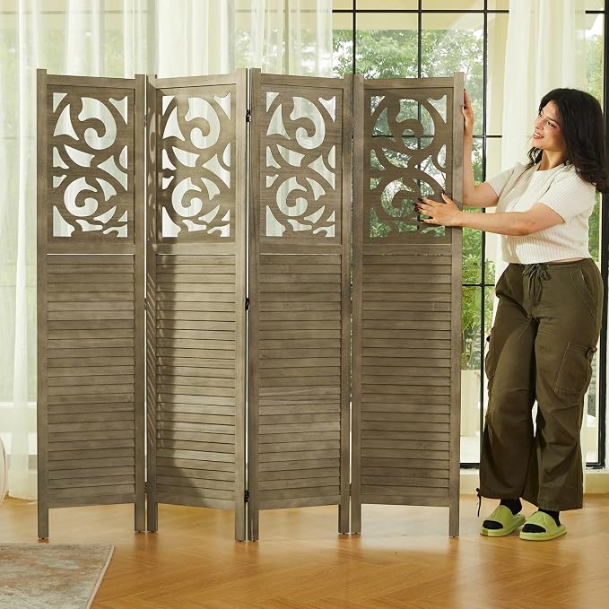 Room Divider Wood Carved Wall Divider Indoor Folding Portable Partition Screen - Image 7