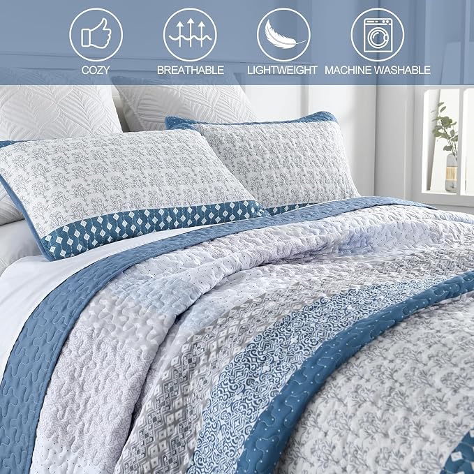 WONGS BEDDING Blue Full Size Quilt Set, Bohemian Striped Bedspreads | - Image 5