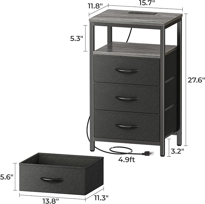 Huuger Nightstand with Charging Station, 27.6 Inch Bedside Table, Side Table | - Image 3