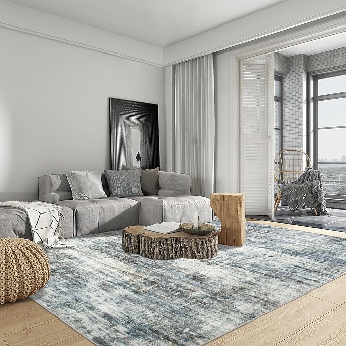 5x7 Area Rugs for Living Room: Washable Abstract Blue Multi Badroom Carpet | - Image 4
