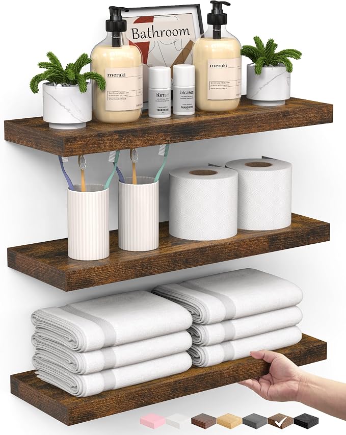 BAYKA Rustic Brown Bathroom Floating Shelves, Wall Mount Shelf | Easy Install by Bayka