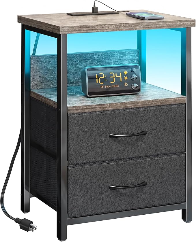 Fixwal Night Stand with Charging Station, Led Nightstand, 2 Fabric Drawers | by Fixwal