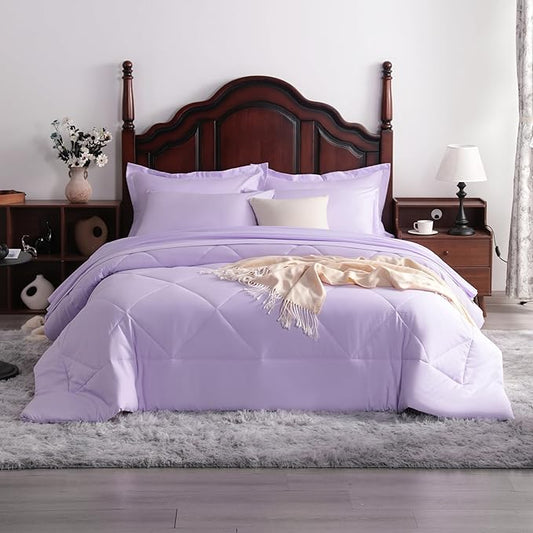 7-Piece Queen Comforter Set with Sheets – Soft and Breathable All-Season Queen Bed in a Bag, Down Alternative Comforter Set Solid Color All Season, Light Purple