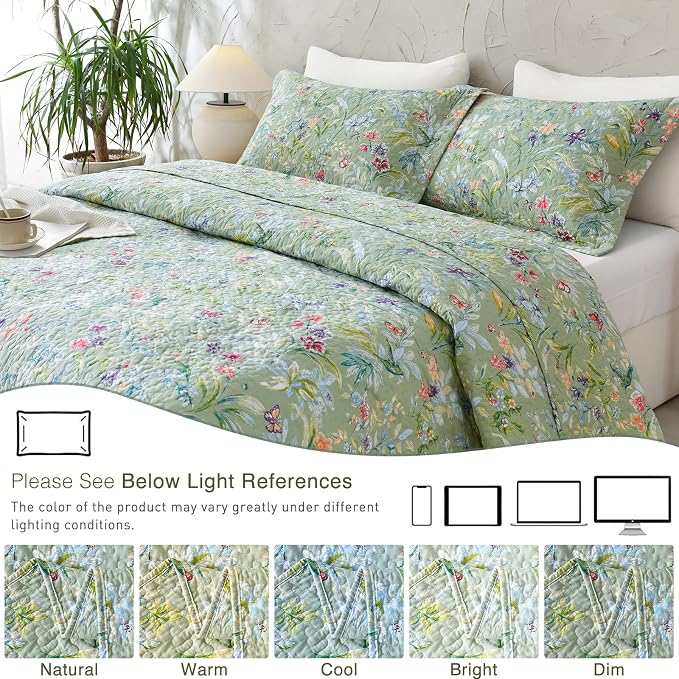 QSH 100% Cotton Quilt King Size Bedding Set 3Pcs Green Floral Quilt Set Summer - Image 8