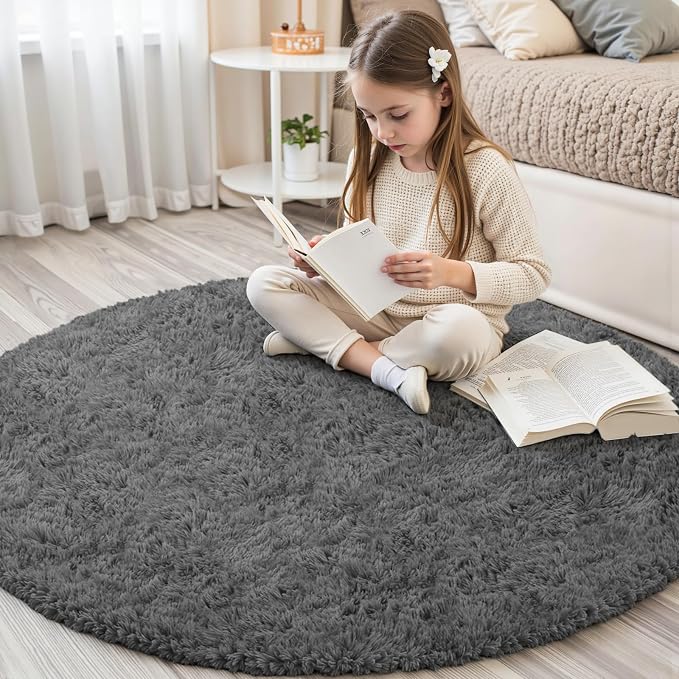 Dark Gray Round Fluffy Rug 5ft Plush Fuzzy Shaggy Carpet | Soft Rugs - Image 4