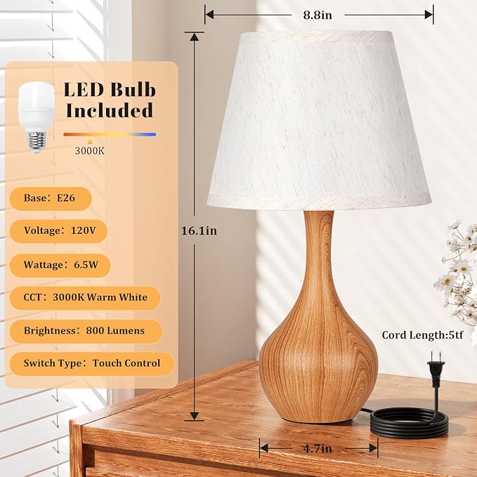 16.1" Touch Table Lamp for Nightstand, 3 Way Dimmable Small Bedroom Lamp | - Image 5