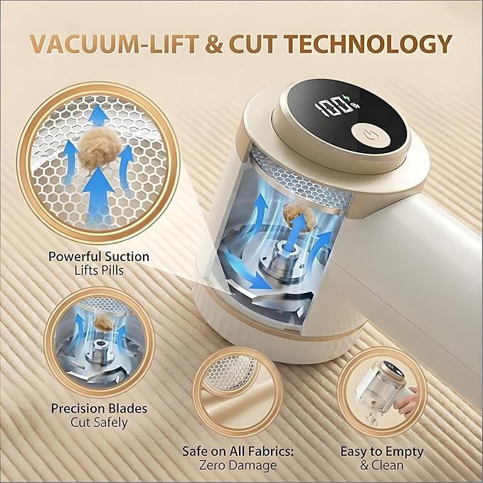 Rechargeable Fabric Shaver for Clothing with Smart LED Display, 2026 New 2 in 1 Suction and Shave Technology Clothes Shaver, Lint Shavers with 3 Speeds for Clothes, Couch, Furniture (B)