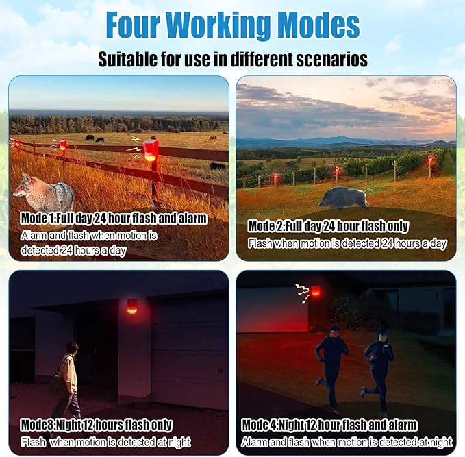 Qualirey 2 Pack Solar Sound and Light Alarm Motion Sensor 129db Outdoor Security Siren Waterproof Motion Activated Detector Alarm 6 LEDs Flash Warning Strobe System for Home, Farm (Red)