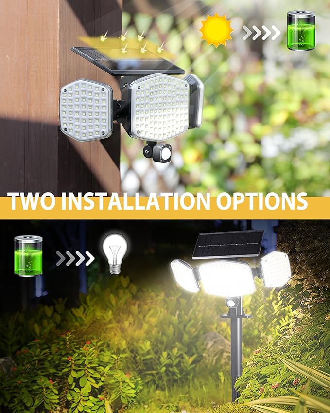 HAARAY Solar Motion Sensor Outdoor Lights with Stakes, In-Ground or Wall Mount, 270° Wide Angle Illumination, 208 LED Solar Powered Security Flood Lights, IP65 Waterproof, 2 Pack