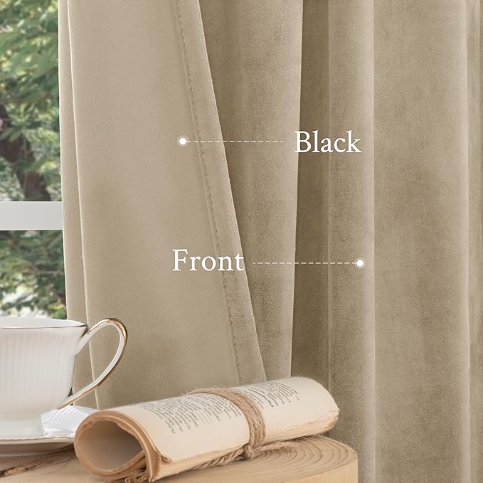LAMIT Taupe Velvet Curtains for Living Room, 102 Inch Room Darkening Panels Thermal Insulated Back Tab and Rod Pocket Drapes for Bedroom/Sliding Glass Door, 2 Panels, 52 x 102 Inch