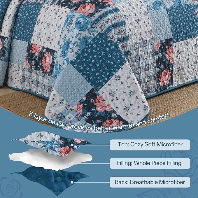 Anibedding Quilt Set King Size, 3 Pieces Blue Floral Patchwork Bedspread - Image 5