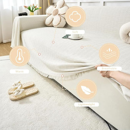 White Couch Cover Blanket Cute Geometrical Jacquard Washable Sofa Cover for Extra Large Furniture for 3 Cushion Sofa L Shaped Sectional Couch Blanket 71"x 118"