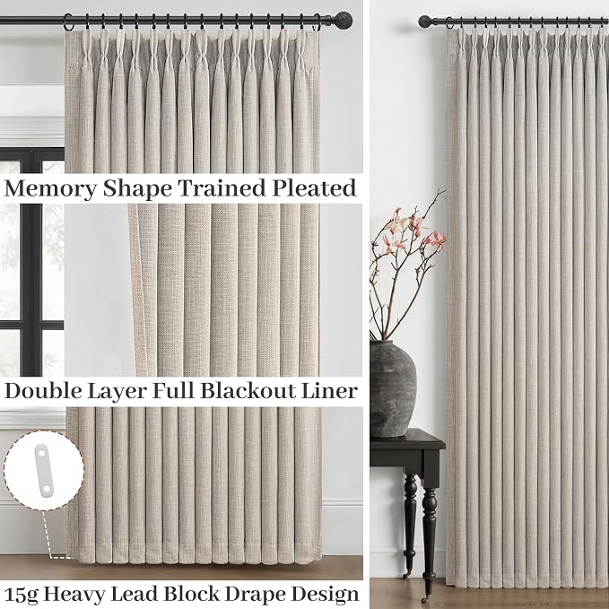 Extra Wide Greyish Beige Pleated Linen Blackout Curtains 90 Inches Long | - Image 2