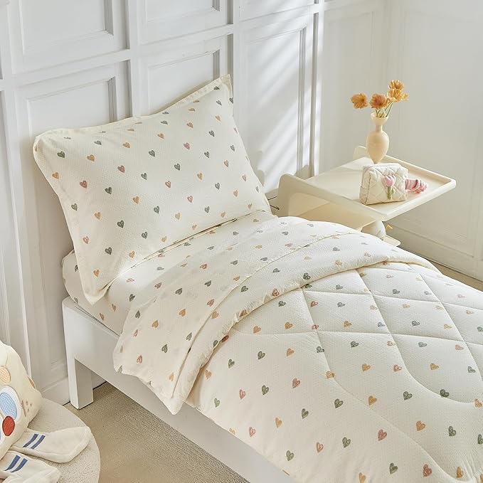 DuShow White Star Toddler Bedding Set,4 Pieces Reversible Toddler Comforter Set,Ultra Soft Crib Bed Set for Girls and Boys,Including Comforter,Sheets and Pillowcase