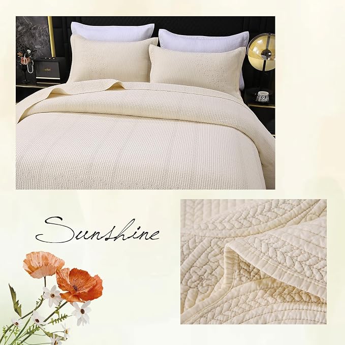 ROOMLIFE Quilt Set King Size 3D Floral Embroidery Pattern 3-Piece Cotton - Image 6