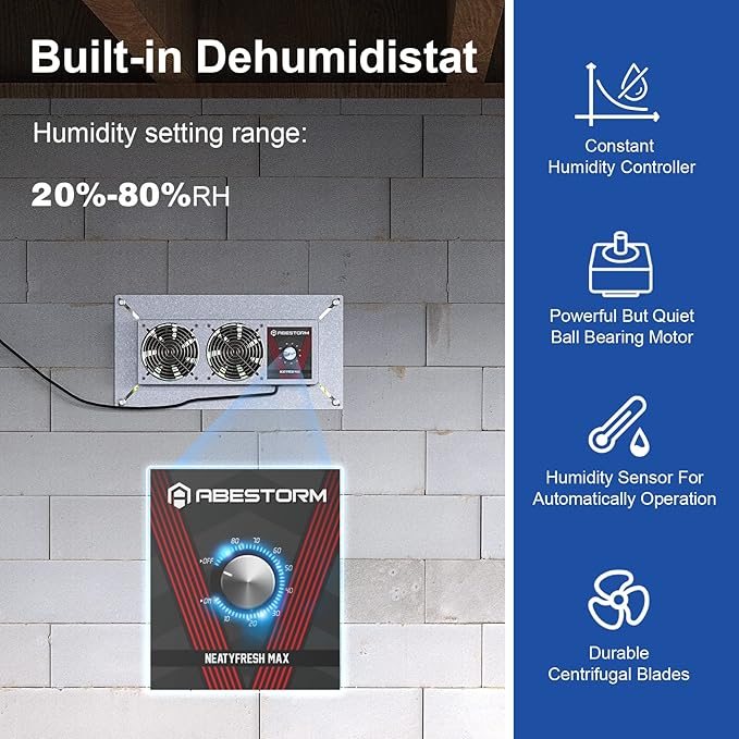 Abestorm Crawlspace Ventilation Fan with Humidistat, Basement Vent Fans with Dehumidistat & Freeze Protection Thermostat, Dual Air Vent Fan for Basement/Kitchen (220 CFM Airflow)