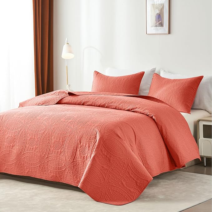 akkialla 118"x106" Coral California King Quilt Set, Oversized Floor-Length - Image 2