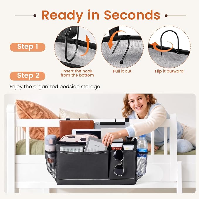 Bedside Caddy for Dorm Bed, Bedside Storage Bag Hanging Organizer | Metal Frame - Image 5