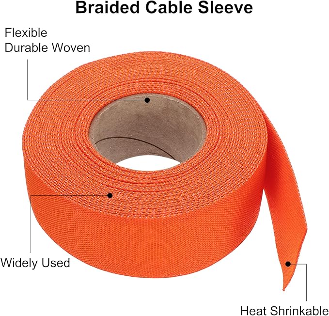 MECCANIXITY Braided Cable Sleeves Heat Shrinkable Fabric Sleeving, 1 1/4" 33ft Orange 2:1 Ratio Heat Shrinkable Cord Protector for Harness Cable, Network Cable Protection, Cable Management