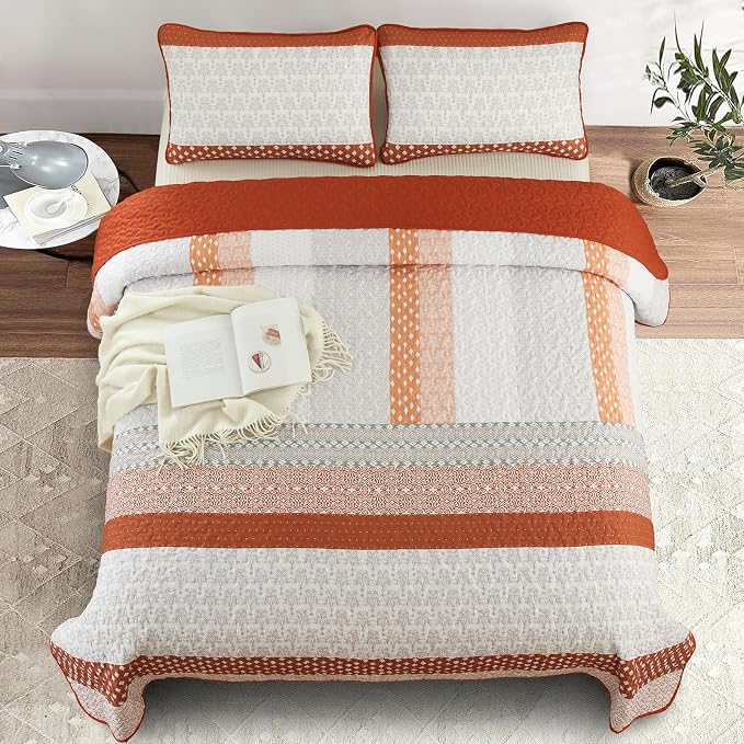 WONGS BEDDING Boho Quilt Set King Size, Stripe Bedspread Sets, Burnt Orange | - Image 4
