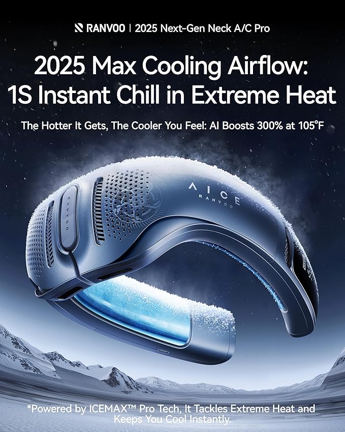 RANVOO AICE LITE Plus 2025 Max Cooling Airflow [No.1 Coolest & Most Durable] Neck Air Conditioner, Ultimate Immersive Personal AC 6,000 mAh Rechargeable Neck Fan Blow Cold Air, Gifts for Mom Dad, Blue