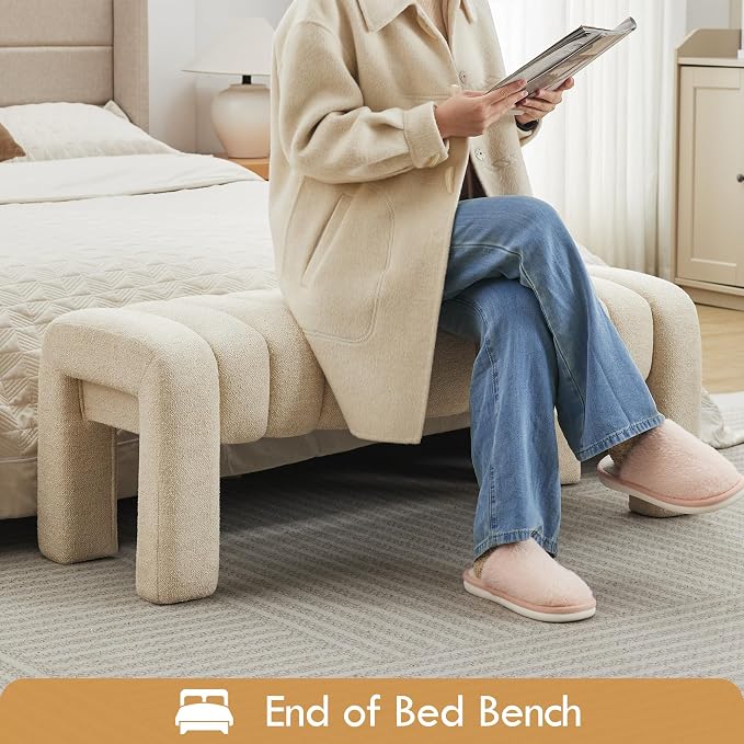43" End of Bed Bench, Linen Beige | Channel Tufted Upholstered, Entryway Bench - Image 6