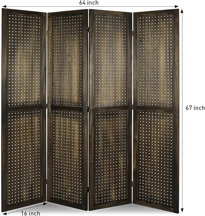 4 Panel Pegboard Room Divider | Brown Wood Folding Privacy Screen - Image 2