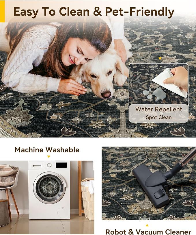 RELEANY Washable Area Rug, Round 8ft, Water Repellent, Pet Friendly, Vintage - Image 5
