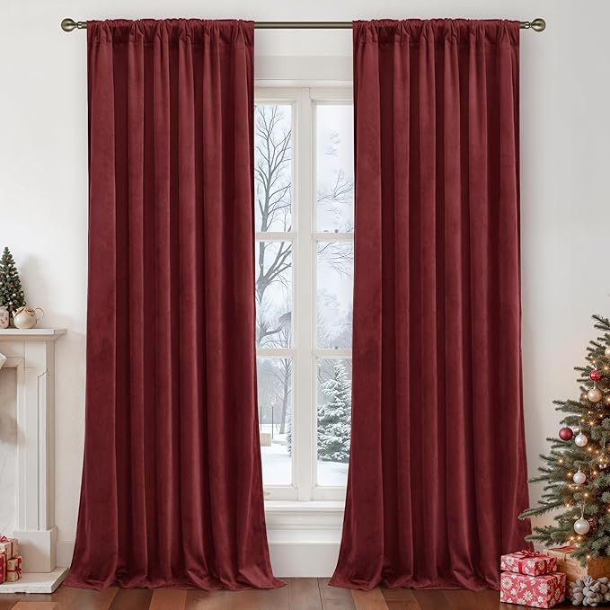 LAMIT Burgundy Red Velvet Curtains 108 Inch for Living Room, Vintage Thermal Insulated Theater Panels Room Darkening Back Tab and Rod Pocket Christmas Drapes for Bedroom, 2 Panels, 52 x 108 Inch