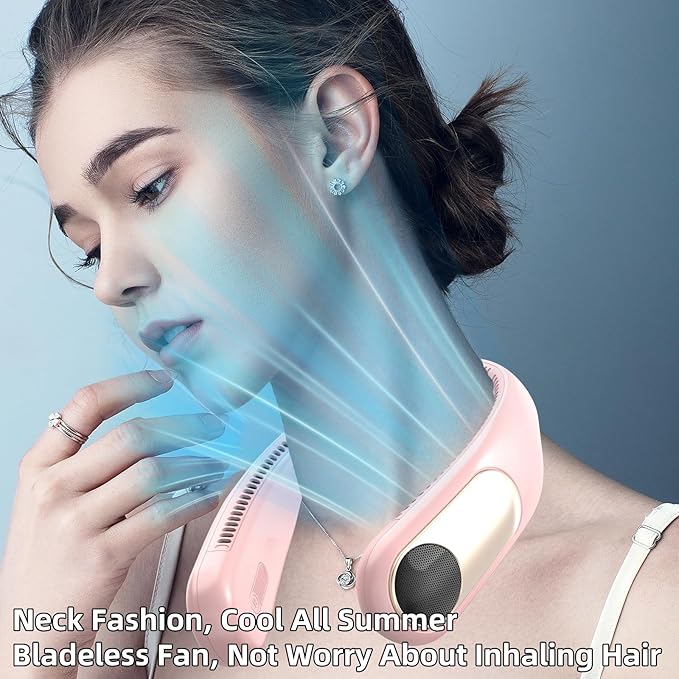 Portable Neck Fan,Personal Wearable Bladeless Fan,LED Display,4-Speeds,6000mAh USB Rechargeable,360° Strong Cooling Wind,Hands Free,White Elephant Gift,Christmas Gifts for Men Women Dad Mom (Pink)