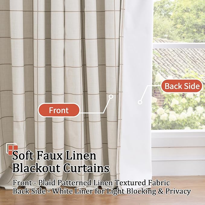 Brown Plaid Linen Blackout Curtains - Image 3