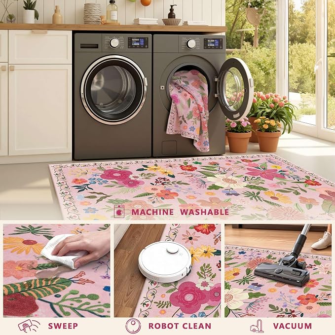 Latte&Fog 3x5 Entryway Area Rugs, Washable Floral Pink Rugs - Image 9
