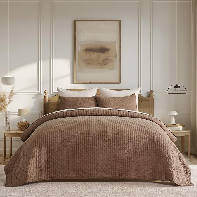 100% Cotton Cross Stitch 3-Piece Quilt Set, Camel Brown | 100% Cotton, Elegant - Image 9