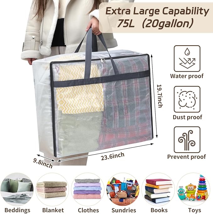 Fixwal Storage Bags 4 Pack 75L XL Mesh Clear - Image 2