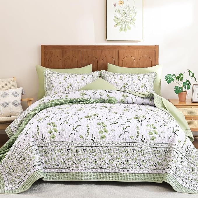 WONGS BEDDING Floral Quilts Set Queen, Sage Green Bedspread Coverlet Set | by WONGSBEDDING