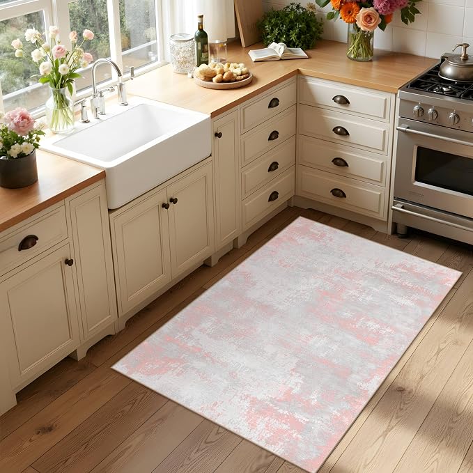 Latte&Fog Washable Entryway 2x3 Pink Area Rug Modern Abstract Kitchen Rug | Low - Image 4