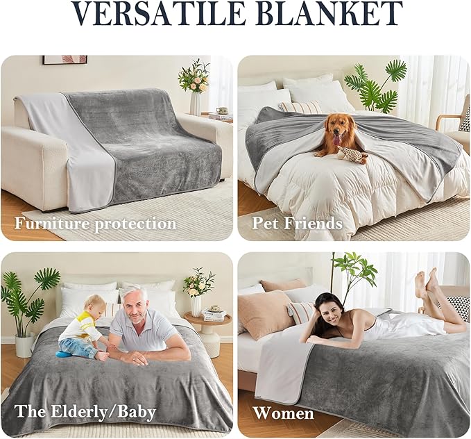 Waterproof Blanket 80"x90" for Adults, Reversible Waterproof Bed Cover for Dogs Cats Pets, Soft Leakproof Blanket for Bed Couch Sofa Furniture Protector, Grey/Light Grey