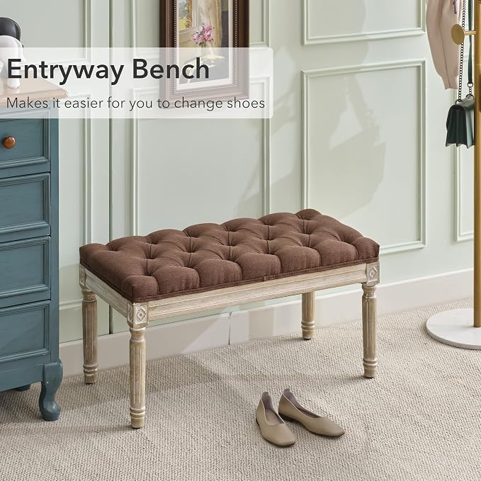 LOULENS 31'' Entryway Bench, Linen Upholstered End of Bed Bench, Brushed Wood - Image 6