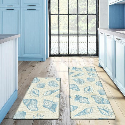Kitchen Mats for Floor Cushioned Anti Fatigue Sets of 2 Beach Theme Kitchen Rugs Non Slip Waterproof Coastal Foam Kitchen Floor Rug Nautical Coral Seashell Comfort Standing Mat for Sink Laundry, Blue