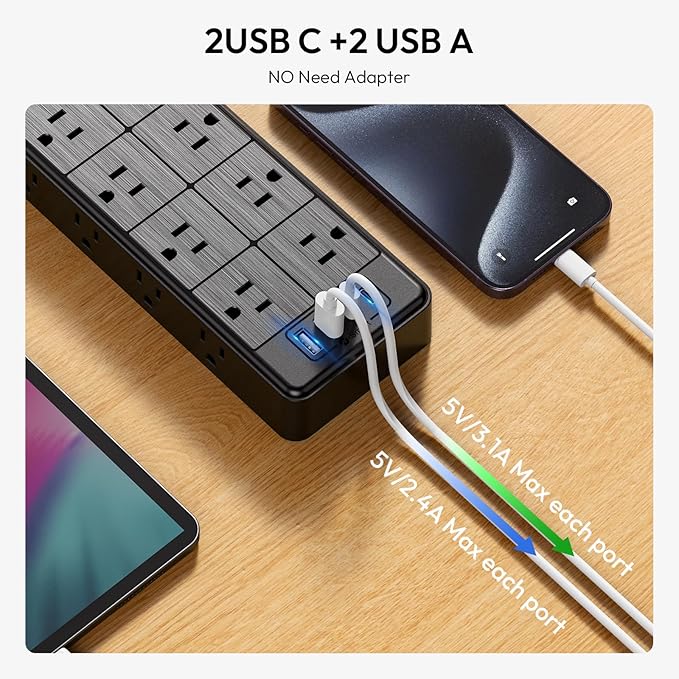 24 Widely Outlets Extension Cord 10 Ft NTONPOWER 15A/1875W Power Strips with Surge Protection 4000J,Black Extension Cord Surge Protector with 4 USB Ports(2 USB C), Wall Mount Holes for Home, Office
