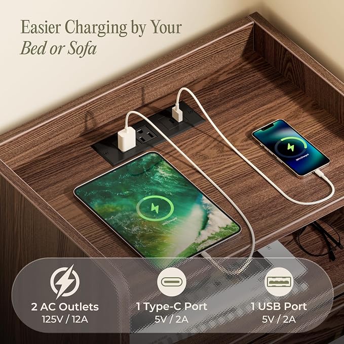 Huuger Nightstand with Charging Station, USB-C Port, End Table | Fluted Night - Image 3