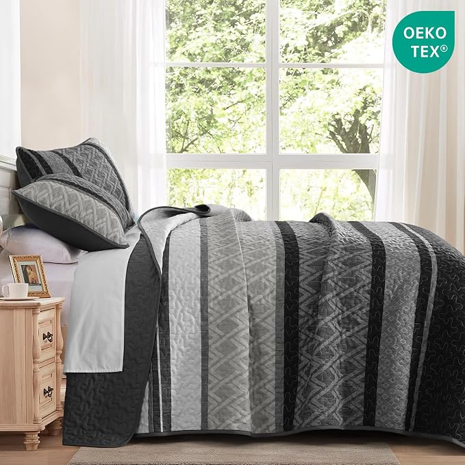 Dinjoy Striped Quilts Queen Size, Fall Bedspread Bedding Set, Dark Grey | 3 - Image 2