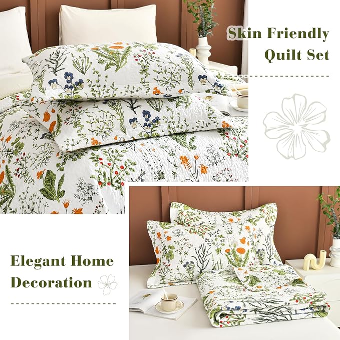 QSH 100% Cotton Floral Quilt Queen Set Yellow Flowers Leaves Plants Pattern - Image 6