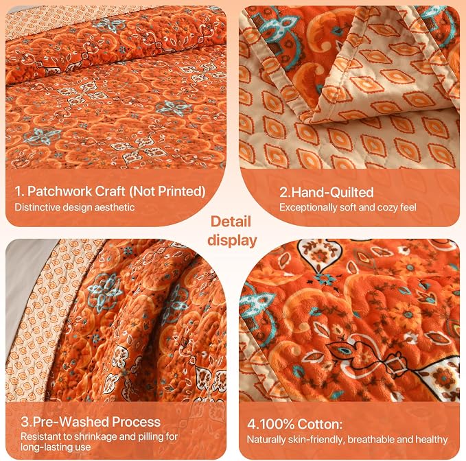 Boho Quilt King Set, 3-Piece Hand-Quilted Bedspread, Lightweight All Season - Image 3