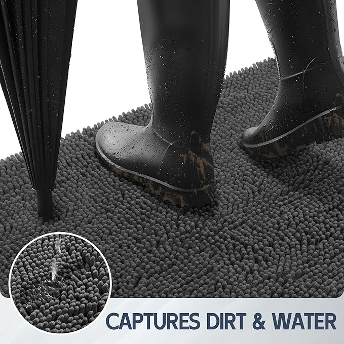 Dog Door Mat for Muddy Paws, 60" x 24" Chenille Absorbent Front Door Mat Inside, Large Runner Mud Mat for Dogs, Trap Dirt Washable Non Slip Outdoor Indoor Entrance Doormats, Grey