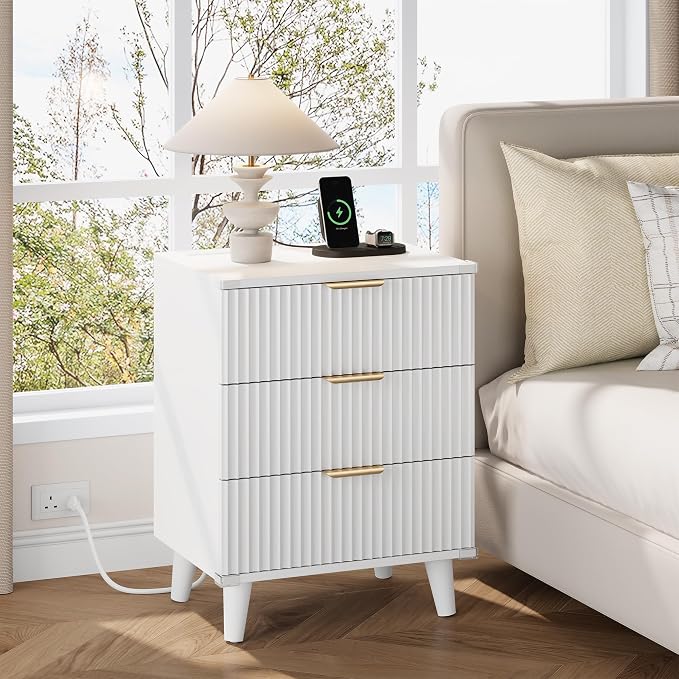 Wood Nightstands Set of 2 w/Charging Station, 3 Drawers Fluted Dresser | White - Image 2