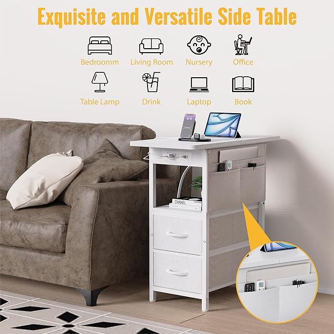 Yenlure Small Side Table with Charging Station, Narrow Nightstand Bedside - Image 5