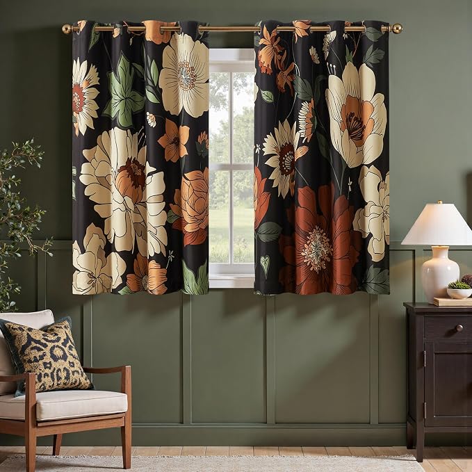 jinchan Black Boho Floral Blackout Curtains 63 Inch Grommet 2 Panels | Room by JINCHAN