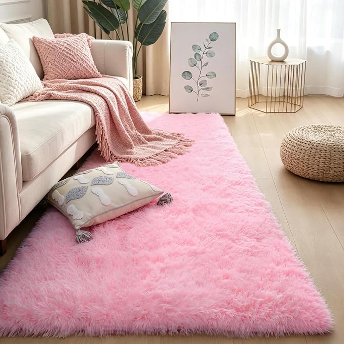 KCHOWUA Pink Fluffy Fuzzy Rug 2x6, living room, kids room, and dorm by KICHOWUA