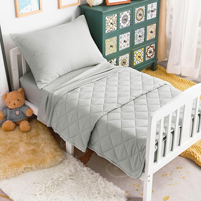 4-Piece Toddler Bedding Set for Girls and Boys – Soft and Breathable Crib Bedding with Quilted Comforter, Fitted Sheet, Flat Top Sheet and Envelope Pillowcase, Light Grey
